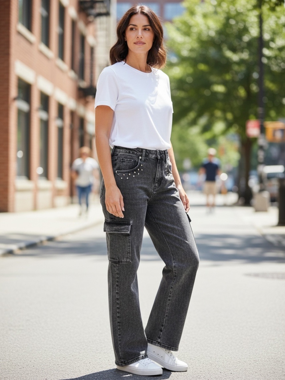 DRIFTWOOD Women's Black Acid-Wash Cargo Jeans with Studs